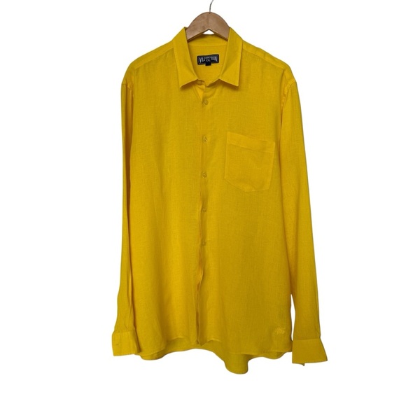 Vilebrequin Men's Yellow 100% Linen Button-Up Shirt Size 2XL Long Sleeve Casual - Picture 3 of 9